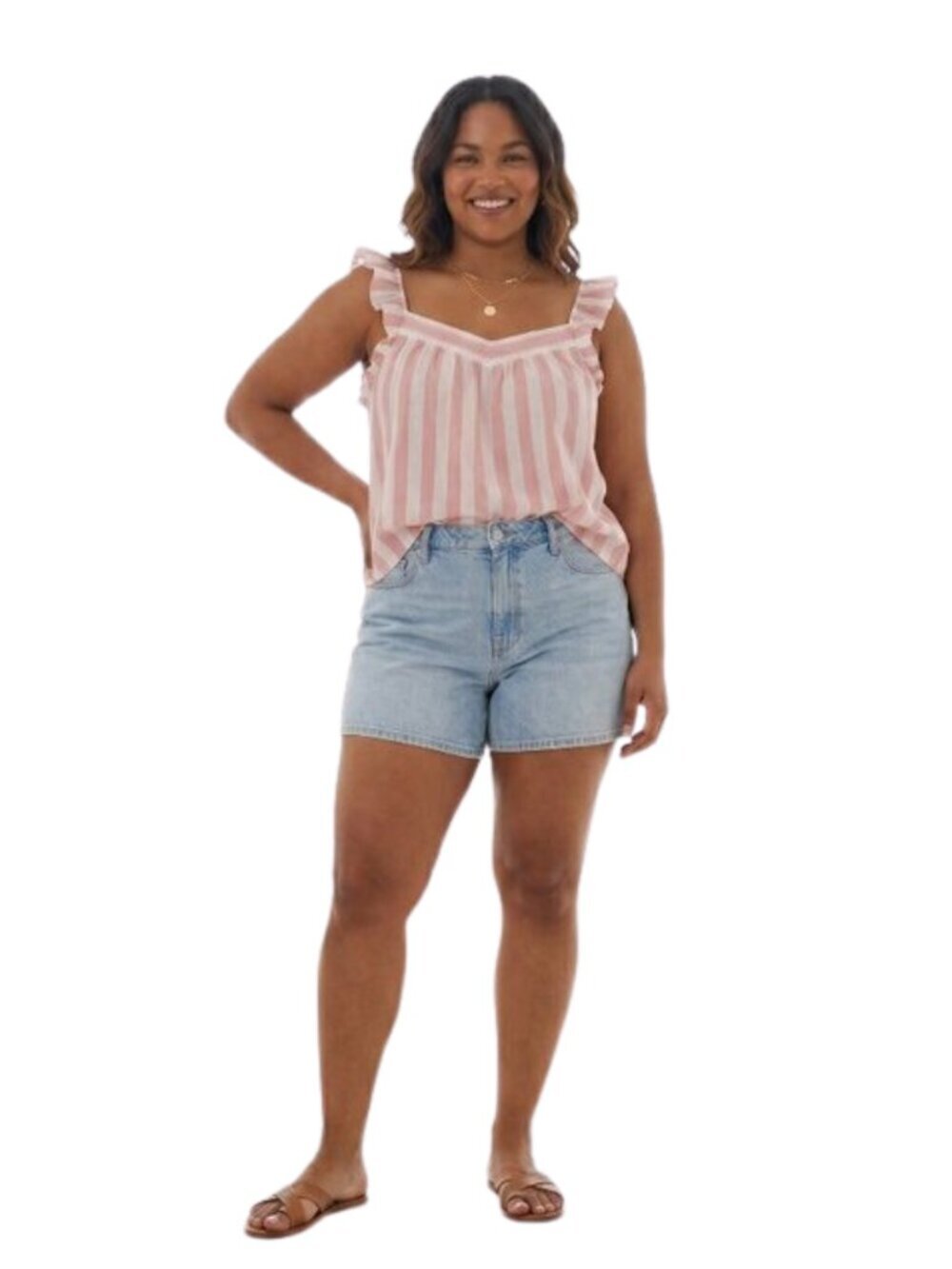 Sincerely Jules Pink Striped Ruffle Babydoll Peasant Top Cotton Size Large